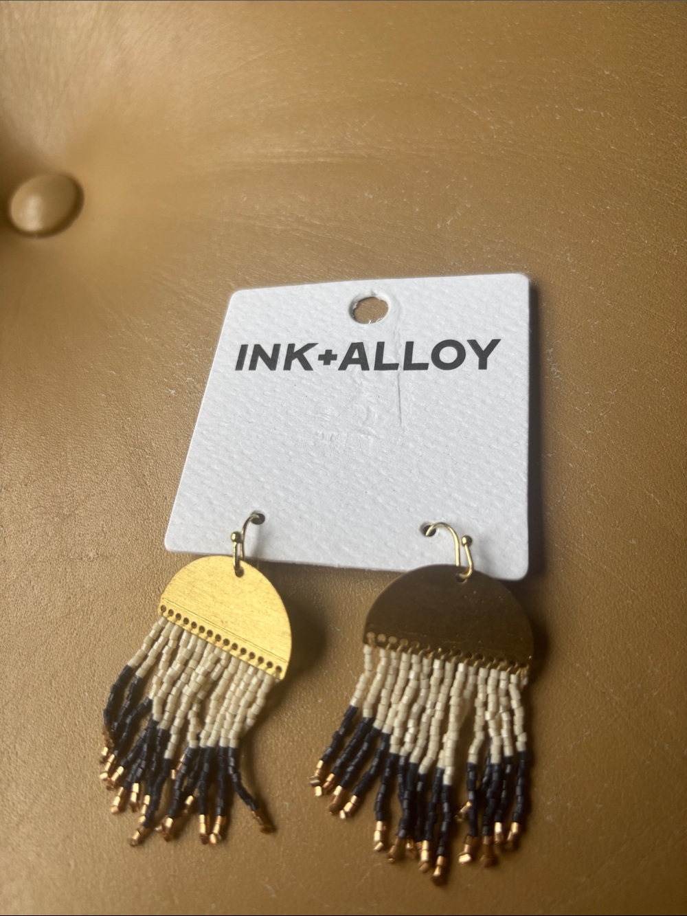 INK + ALLOY Gold and Ivory and Navy Beaded Fringe Earrings